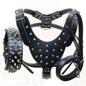 Leather Spiked Studded Medium & Large Dog Collars, Harnesses & Leashes 3Pcs Matching Set for Pit Bull,Mastiff, Boxer, Bull Terrier(Black,L)