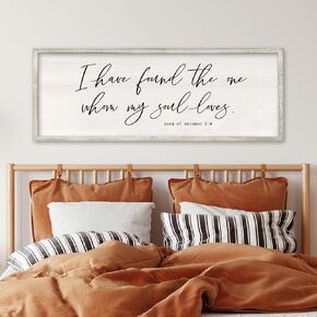 RLWangChao I Have Found The One Whom My Soul Loves Wall Art Sign 32x12 Inch Large Rustic Master Bedroom Above Bed Bible Verse Prints Wood Frame Vintage Song of Solomon 3:4 Wall Hanging Decor (White)