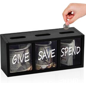 Spend Save Give Money Saving Box – Wooden Piggy Bank for Adults & Kids, Wall-Mount Small Money Box for Cash & Coins, Countertop Money Saver Coin Bank – Visualized Wooden Box for Learning to Save