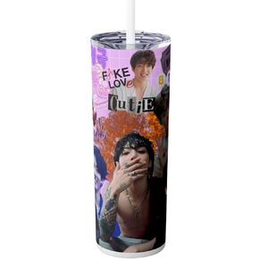 Jungkook Skinny Tumbler 20 Oz Kpop Gifts For Teens, Slim Insulated Stainless Steel Drinkware With Straw & Lid, Korean Pop Music Gift For Idol Fans, K-Pop Purple Travel Accessory For Hot & Cold Drinks