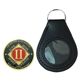 NA 2 Year Recovery Medallion, Gold, Red Colors, Recovery Narcotics Anonymous Metal Coin, And a Black Vegan Leather Keychain Coin Holder