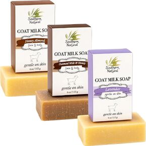 Southern Natural Goat Milk Soap Bar (Variety 3 Pack) Oatmeal Milk & Honey, Lavender, Honey Almond - Handmade Soap For Dry Sensitive Skin, Face & Body
