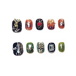 Handmade Reusable Press on Nails Mysterious Stone, Unique Lucky Retro Dark Green Brown Short Round Square Fake Nails with Bronze Rabbit Gold Foil Rhinestone in 10pcs Customized Size (Medium)