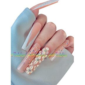 HAND-PAINTED White Square Press on Nails - Short French Tips & Coffin Fake Nails Kit Handmade Medium Press on Nails with Glue for Girls Handmade, offer Custom Long Coffin Stiletto (X-Small, Style 12)