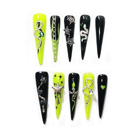 Handmade Reusable Press on Nails Green Day, Popular Bold Rock Club Fluorescent Green and Black Long Stiletto Fake Nails with Silver Snake Chain Star Heart in 10pcs Customized Size (Medium)