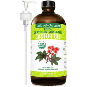 RejuveNaturals Castor Oil (16oz Glass Bottle) USDA Certified Organic, 100% Pure, Cold Pressed, Hexane Free. Boost Hair Growth for Thicker, Fuller Hair, Lashes & Eyebrows.
