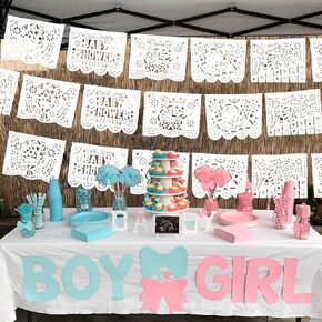 VIVANCO PAPEL PICADO, Baby Shower Decorations: Includes 160+ White Plastic Paper Feet, Wreaths with Angel and Rattle Designs, 50 Panels/Banners and a 5-Pack of Assorted Elements for Boy or Girl".
