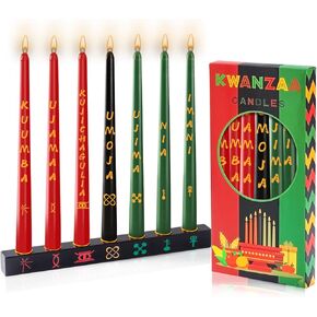 8 Pcs Kwanzaa Kinara Set - Kwanzaa Candle Holder with 3 Red 3 Green 1 Black Dripless Taper Candles, Double Sided Handmade Wooden Kinara Candle Holder Kwanzaa Decorations for Africa Celebration Table