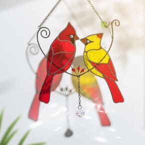 Hewory الكاردينال الزجاج الملون Suncatcher: نافذة الزجاج الملون معلقة الطيور على فرع الأحمر الكاردينال هدايا زينة عيد الميلاد للنساء - ديكور الكرادلة اليدوية لوحة الزجاج الملون لمحبي الطيور