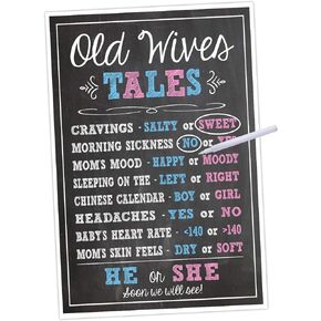 Katie Doodle Baby Gender Reveal Party Supplies Decorations Games Kit for Boy or Girl Shower | Includes Old Wives Tales 11x17 Poster and Earasable Marker (GR001), Black/Blue/Pink