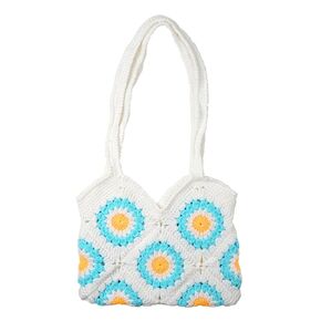 Women's Crochet Bag,Sunflower Crochet Bag Large Tote Bag Woven Crochet Tote Bag Crochet Crossbody Bag Knit Purse Beach Purse for Women Vacation (White)
