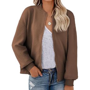 Womens Bomber Jacket Casual Coat Lightweight Zip Up Outerwear with Pockets