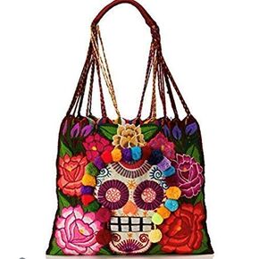 Day of the Dead Skull Floral Embroidered Hobo Casual Bag Mexican Handmade Bag NOT FOR CHILDREN