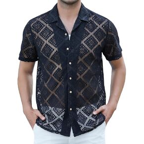 Alex Vando Men's Summer Lace Shirts Short Sleeve See Through Sheer Shirts Hollow Out Casual Button Down Beach Shirts