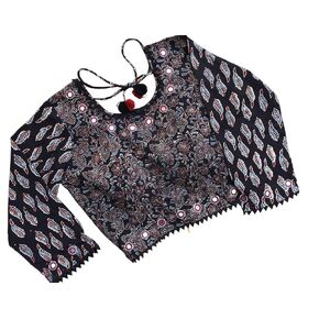 Sundarii Black Floral Leaf Ajrakh Hand Block Printed Kutch Mirror Work Blouse | Round Neck, Elegant Blouse for Women (50)