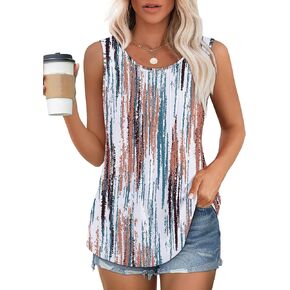 OFEEFAN Womens Tank Tops Loose Fit Dressy Casual Sleeveless Blouses Summer Outfits Round Neck Pleated Front Curved Hem