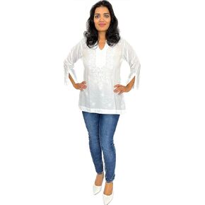 Lucknow Chikankari Pure Cotton White Short Kurta, Top, Blouse for Women/Hand Embroidered White Tunic (Medium 40 (for bust 36 inches))