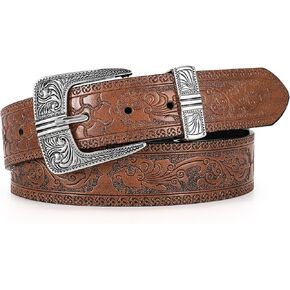 Western Belts for Woman Men-Cowboy Belt with Engraved Belt Buckles-Suitable for Formal and Casual Jeans Dress Wear