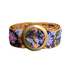 Handmade Peruvian Ayacucho Belt - Embroidered Belt for Women, Round Buckle, Floral Design, Adjustable, Durable (White, Square Buckle)
