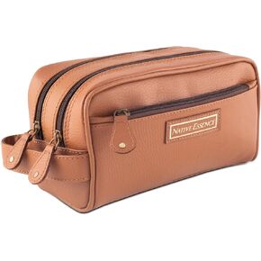 Leather Toiletry Bag, Brown Genuine Calf Leather Travel Toiletry Bag, Handmade DOPP Kit for Travel, Men's Cosmetic Pouch, Luxury Shaving Bag, Bathroom Organizer, Grooming Kit for Men and Women (Brown)