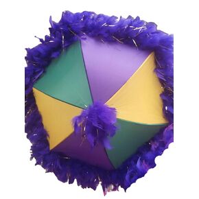 New Orleans Mardi Gras Second Line Parasol Sized Umbrella- New Orleans Purple, Green, Yellow Gold with Purple Feathers and Gold Tinsel Accents
