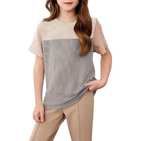 blibean Tween Girls Summer Short Sleeve Shirts Kid Color Block Tops Size 6-15 Years