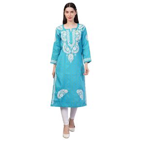 Chikankari Cotton Kurta for Women, Hand Embroidered Tunic, Indian Kurta for Women (S, Royal Blue)