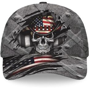 Cowboy Skull Cap for Men, Cow Boy Skull Us Flag Skeleton Reaper Gothic Horror, Black Baseball Cap, Adjustable Caps Sun Hat, Summer Hats Fashion Accessories for Men Women, One Size