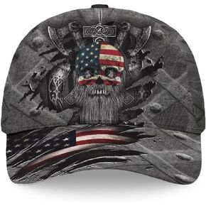 Viking American Flag Skull Cap for Men, Viking Skull Us Flag Skeleton Gothic Horror, Black Baseball Cap, Adjustable Caps Sun Hat, Summer Hats Fashion Accessories for Men Women, One Size