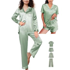 4Pcs Womens Silk Satin Pajama Sets Floral Pajamas Silky Pj Sets XS-2XL Button Down Pjs Set Loungewear Sleepwear