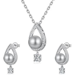 White and Gray Pearl Jewelry Set-925 Sterling Silver Pearl Pendant Necklace and Earrings Set for Women Chain 18inch