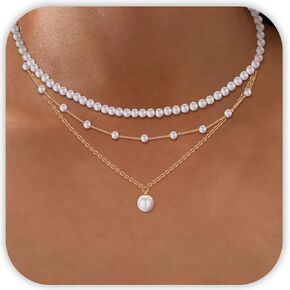 Pearl Necklaces for Women Set, Dainty Pearl Choker 14K Gold Layered Necklace White Pearl Necklace Pendant Gold Jewelry Set Trendy Necklaces for Teen Girls Bridesmaid Gifts Wedding Jewelry
