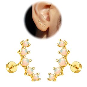 16G Opal Cartilage Earrings for Women 14K Gold Stainless Steel Flat Back Cartilage Stud Earrings for Sensitive Ear Handmade Helix Conch Piercing Jewelry Rose Gold