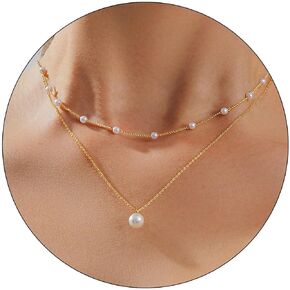 Pearl Necklace for Women Layered Trendy 14K Gold Plated Dainty Pearl Pendant Choker Set Handmade Pearl Gold Necklace Stack Non Tarnish Simple Cute Jewelry Gifts for Women