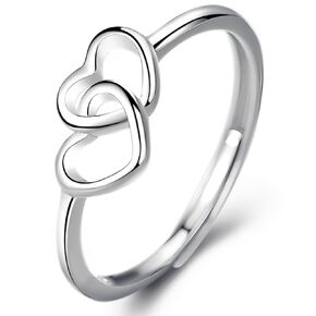 Double Heart Adjustable Rings for Women, 925 Sterling Silver Promise Rings, Dainty Jewelry Gifts for Girlfriend, Anniversary, Mothers Day, Birthday