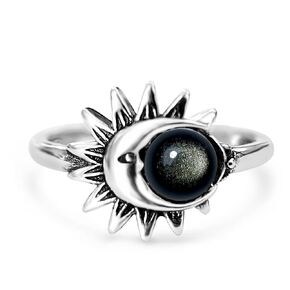 Womens Natural Green Emerald Stone Sun Crescent Moon Ring,Retro S925 Sterling Silver Real Crystal Quartz Gemstone Boho Bohemian Statement Ring Jewelry for Women (A09_Emerald Jade, 9)