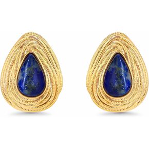 Dainty Oval Triangle Textured Blue Gold Lapis Lazuli Gemstone Statement Earrings for Women, Small Vintage Button Chunky Bold Handmade Natural Exaggerated Retro Trendy Bohemian Jewelry Gifts, Unique Baroque Stone Summer Beach Fashion Stud Earrings Accessor