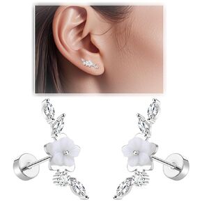 16G Cartilage Earrings for Women 14K Gold Stainless Steel Flat Back Flower Cartilage Stud Earrings Handmade Helix Conch Piercing Jewelry Silver
