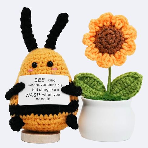 Handmade Mini Positive Crochet Animals,Cute Emotional Support Bee with Wooden Base,Funny Stuff Knitted Doll Stitch Gifts Under 10 Dollars for Women Friend Teen Girl Graduation Birthday Decoration in Saudi Arabia