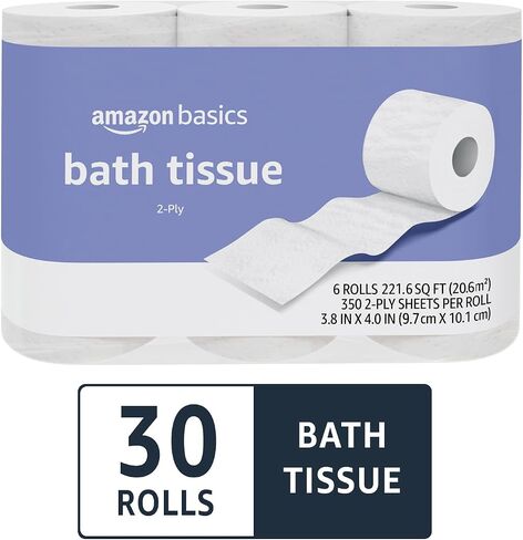 Amazon Basics 2-Ply Toilet Paper 6 Rolls = 24 Regular Rolls, 350 Sheets, (1 Pack of 6), Unscented in Saudi Arabia