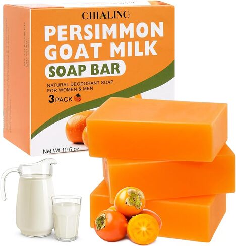 Chialing Persimmon Body Soaps Bar for Eliminate Nonenal Odor| Purely Natural Handmade| Persimmon Soap For Old People Smell Rich Persimmon & Goat Milk Extract Soap for Men & Women(Pack of 3) in Saudi Arabia