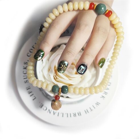 Handmade Reusable Press on Nails Mysterious Stone, Unique Lucky Retro Dark Green Brown Short Round Square Fake Nails with Bronze Rabbit Gold Foil Rhinestone in 10pcs Customized Size (Medium) in Saudi Arabia
