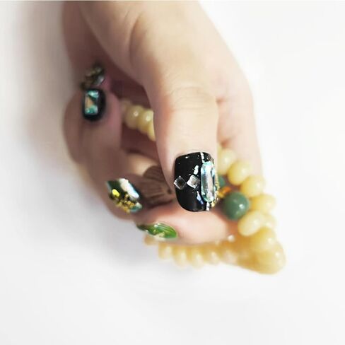 Handmade Reusable Press on Nails Mysterious Stone, Unique Lucky Retro Dark Green Brown Short Round Square Fake Nails with Bronze Rabbit Gold Foil Rhinestone in 10pcs Customized Size (Medium) in Saudi Arabia