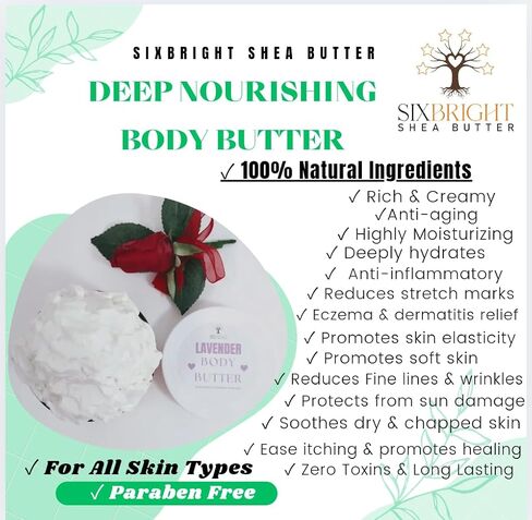 Sixbright Whipped Body Butter Cream-Deep Nourishing, Vegan, Hydrating-For All Skin Types-Women Organic Ingredients-Zero Artificial Fragrance-For Stretch Marks Dry Skin (8oz., LAVENDER) in Saudi Arabia