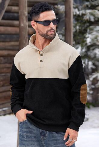 Mens Corduroy Fleece-Lined Sweatshirts Winter Heavyweight Casual Fashion Button Pullover (S-3XL) in Kuwait