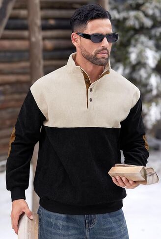 Mens Corduroy Fleece-Lined Sweatshirts Winter Heavyweight Casual Fashion Button Pullover (S-3XL) in Kuwait
