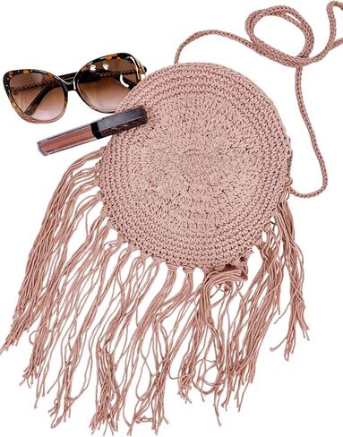 Crochet Purse Crossbody Fringe Bag Boho Bags Macramé Bag Fringe Purse (Dusty Pink) in Saudi Arabia