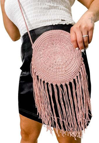 Crochet Purse Crossbody Fringe Bag Boho Bags Macramé Bag Fringe Purse (Dusty Pink) in Saudi Arabia