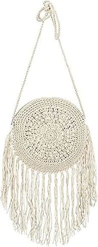 Crochet Purse Crossbody Fringe Bag Boho Bags Macramé Bag Fringe Purse (Dusty Pink) in Saudi Arabia