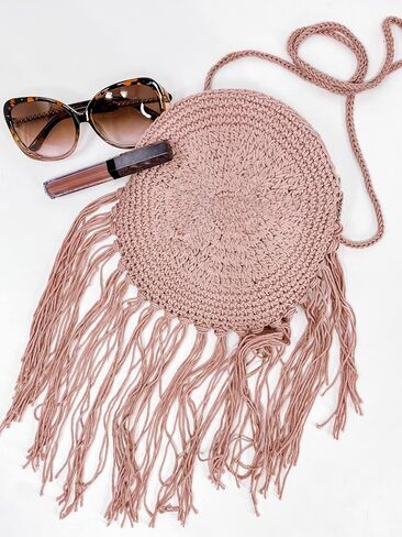 Crochet Purse Crossbody Fringe Bag Boho Bags Macramé Bag Fringe Purse (Dusty Pink) in Saudi Arabia